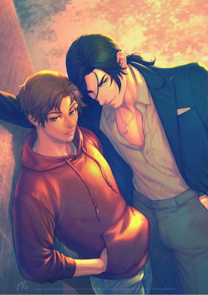 A digital drawing of a couple of young, handsome men very close to each other, standing intensely at the viewer. They're standing outside while the warm sunlight shines on their figures.